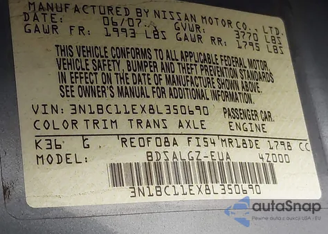 2008 Nissan Versa 1.8Sl z USA, uszkodzony, nr VIN 3N1BC11EX8L350690